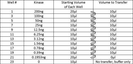 Performing serial 1:1 dilutions of kinase.