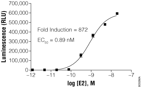 E2 titration of GloResponse 9XGAL4UAS-luc2P HEK293 cells transfected with pBIND-ER-alpha Vector.