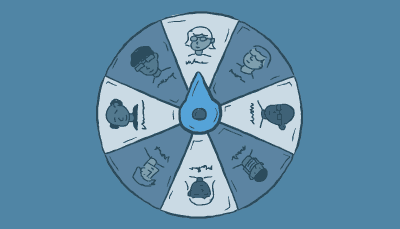 An arrow turns around on multicolored wheel filled with different cartoon faces  