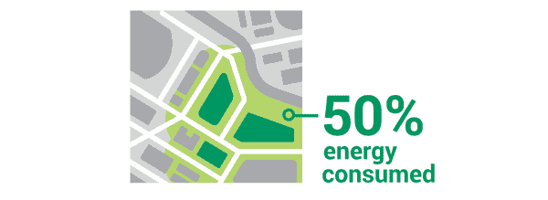 An aerial view of a city block with different buildings called out in the color green